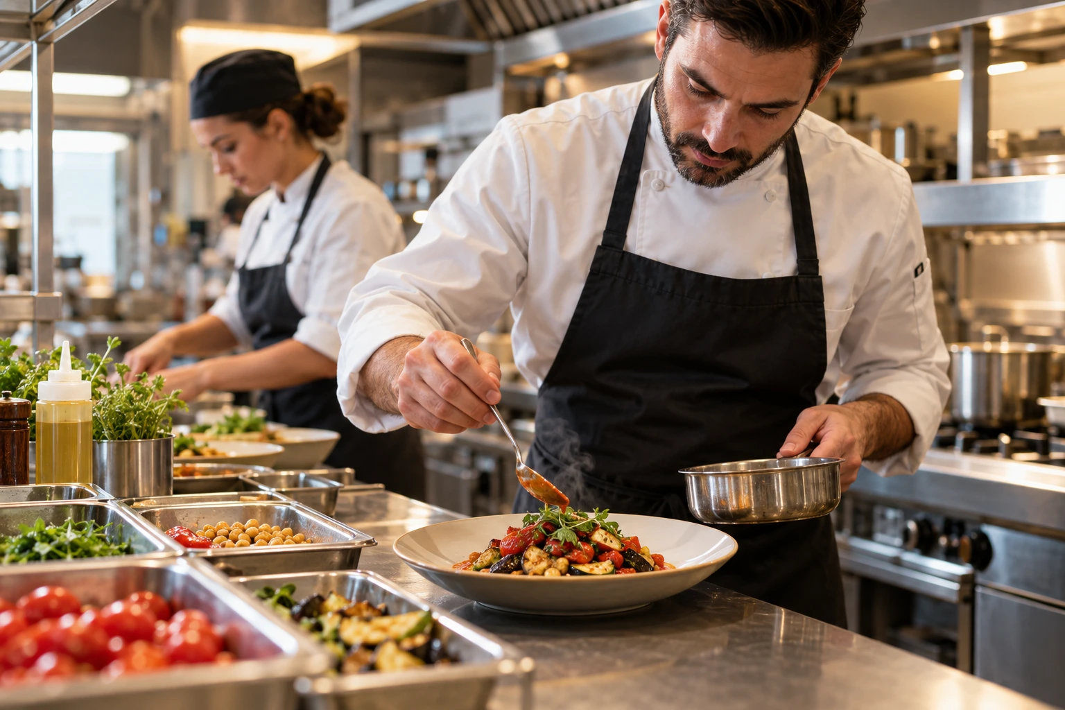 Chefs working together in a professional kitchen