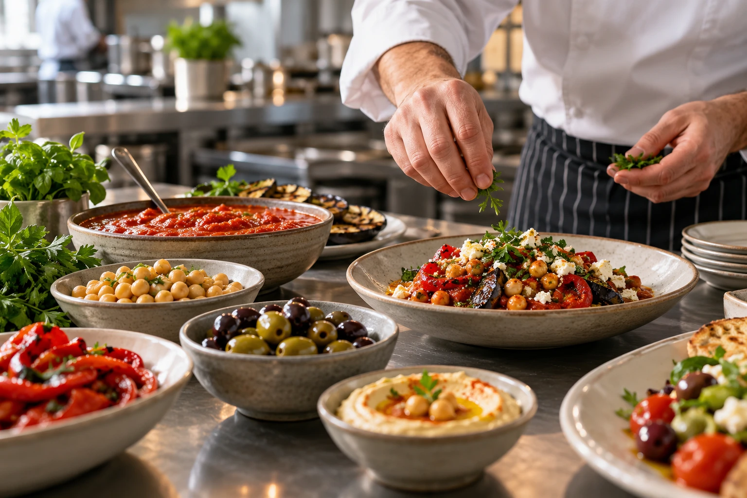 Mediterranean ingredients prepared in a professional kitchen